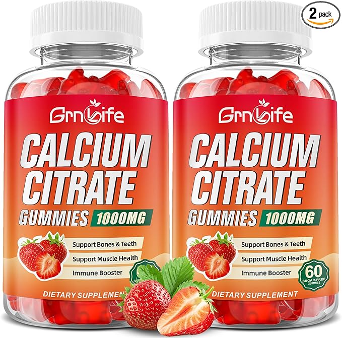 2 Pack Calcium Citrate Gummies, Sugar Free Calcium Citrate 1000mg for Muscle Healthy, Absorption Calcium Supplements for Adults & Kids, Strawberry, 120 Count