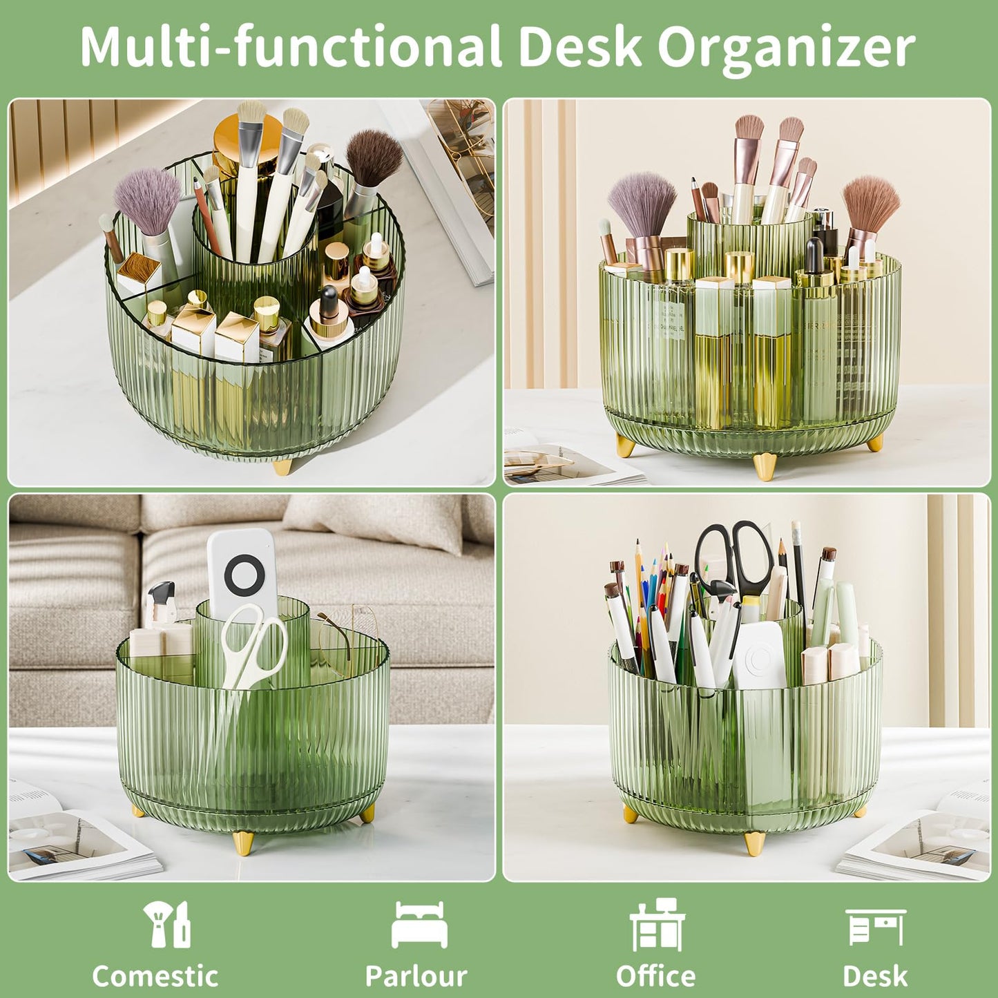 360° Rotate Makeup Brush Holder Organizer, Makeup Organizers Countertop, Makeup organization and Skincare Storage for Vanity, Desktop, Bathroom (Clear Green)