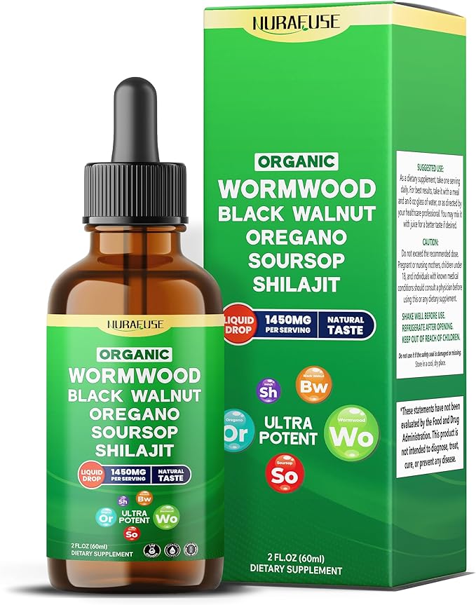 Organic Wormwood, Black Walnut, Oregano, Soursop, Shilajit Liquid Drops – 1550mg per Serving, Ultra Potent, USA Made & Lab Tested – 2 FL OZ (60ml)