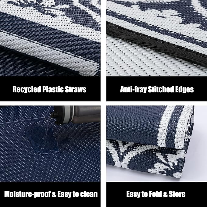 Outdoor Rug 8x10 Patio Waterproof Mat Camping Carpet Blue Outside Area Rug Reversible Rugs for RV Deck Entryance Porch Picnic Balcony Beach