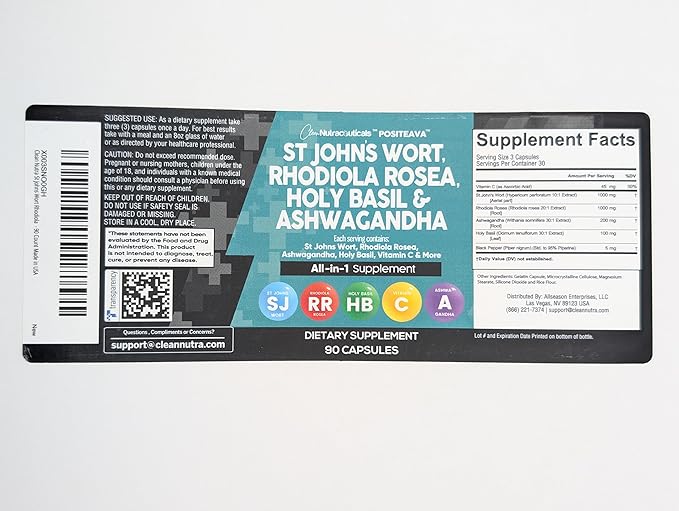 Clean Nutraceuticals St Johns Wort Rhodiola Rosea Holy Basil Ashwagandha - Mood Support for Women and Men with Vitamin C & Black Pepper Extract - 90 Caps
