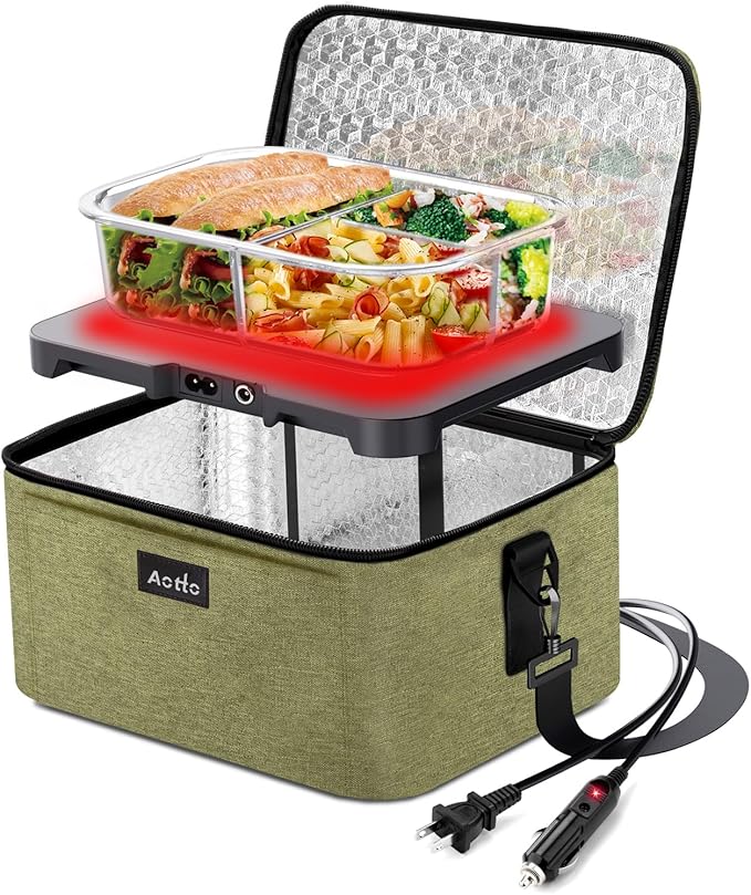 Aotto Portable Oven, Electric Lunch Box Food Heater - 12V/24V/110V 3-in-1 Car Food Warmer - Heated Lunch Box for Adults - Cook, Reheat & Keep Meals Warm for Car, Truck, Travel, Work, Home - Green