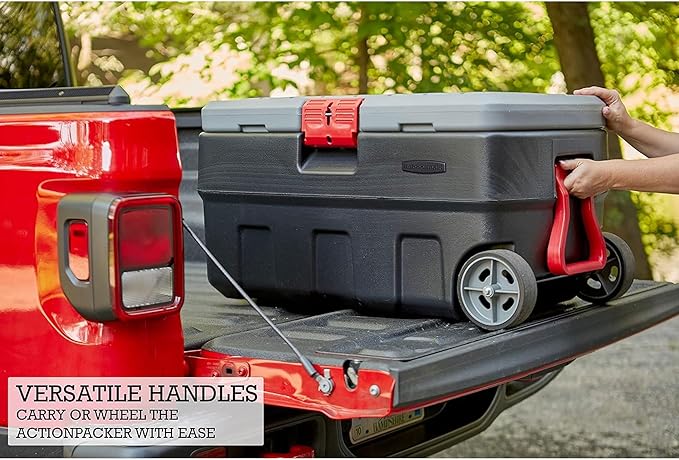 Rubbermaid ActionPacker 35 Gallon, Made in USA, Lockable Plastic Storage Bin with Lid and Wheels- Outdoor, Industrial, Rugged, Camping Gear and Truck Bed Storage - Gray and Black