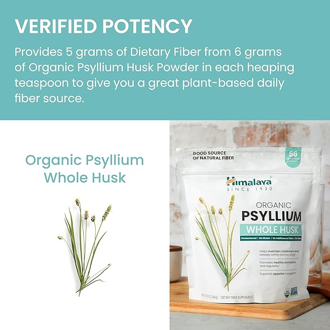 Himalaya Organic Psyllium Whole Husk, Natural Daily Fiber Supplement, Regularity, Appetite Management, USDA Certified Organic, Non-GMO, 56-Tablespoon Supply, Unflavored, 12 Oz