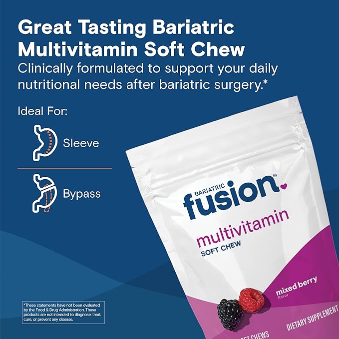 Bariatric Fusion Bariatric Multivitamin Soft Chew | Mixed Berry Fruit Flavor Chewy | Sugar Free Chewable Multivitamin Post Bariatric Surgery | Gastric Bypass and Sleeve | 60 Count | 1 Month Supply