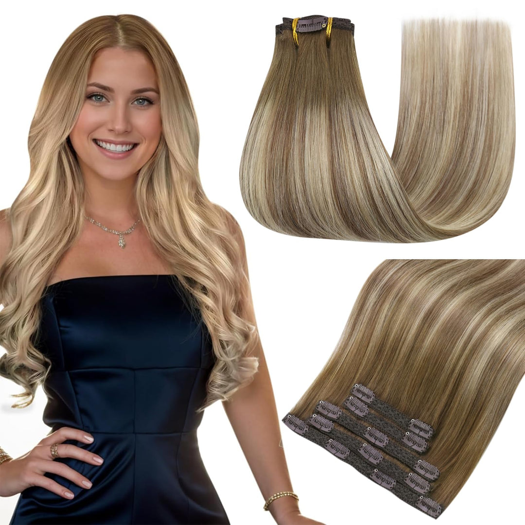 Easyouth Clip In Hair Extensions Real Human Hair Balayage Clip In Extensions Dark Brown Fading To Brown And Blonde Clip In Hair