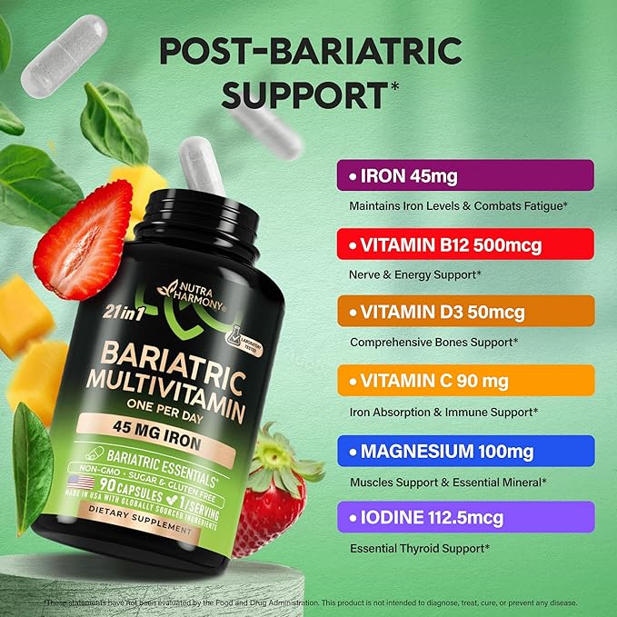Bariatric Multivitamin - 45 mg Iron Supplements - Made in USA - for Women & Men - All-in-One, 21 Essential Vitamins - Gastric Sleeve Support - Free of Sugar, Gluten & Soy - 90 Capsules, Once Daily