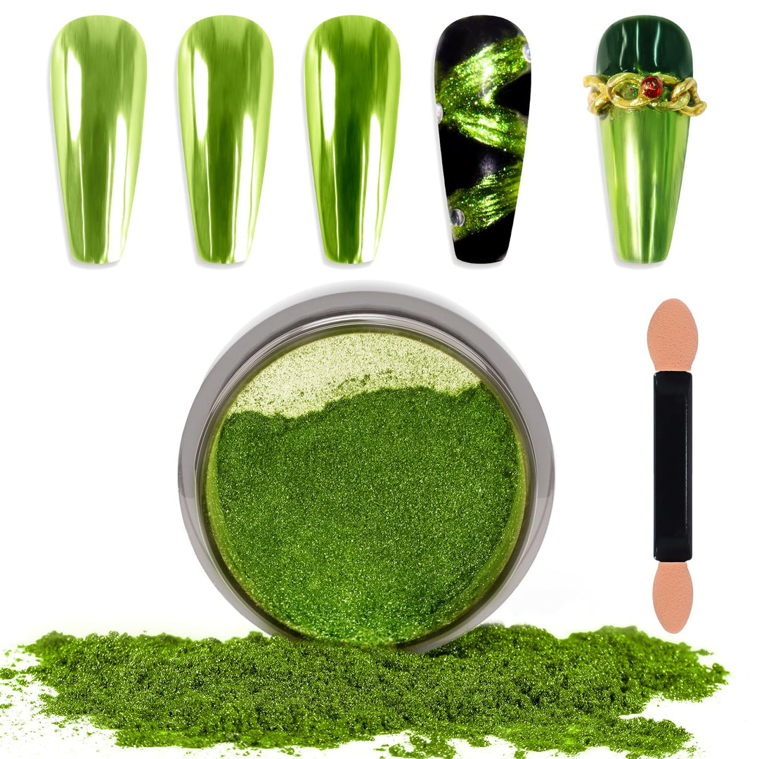 Laza Chrome Nail Powder Mirror Effect Metallic Dust Holographic Glitter Glazed Manicure Decoration Reflective Pigment for DIY Gel Polish Nail Art, Resin Craft, Gifts - Kiwi Green