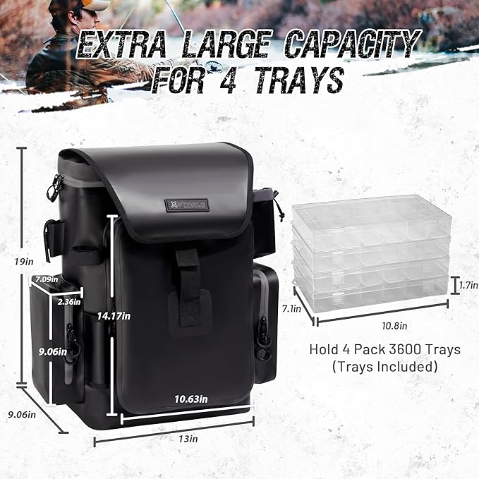 Fishing Tackle Backpack Dry Bag with rod holder 4 tackle boxes and Organizer, Waterproof 600D TPU Fabric with Heat Pressed Seams for Freshwater, Saltwater, Fly Fishing, Camping, and Hiking