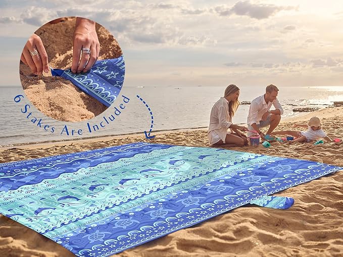 WEKAPO Beach Blanket Waterproof Sandproof Oversized Extra Large Sand Free Beach Mat with Stakes, Storage Bag - Essentials for Outdoor Beach, Picnic (Bohemian Sealife, 11 X 9 FT (1~10 Person))