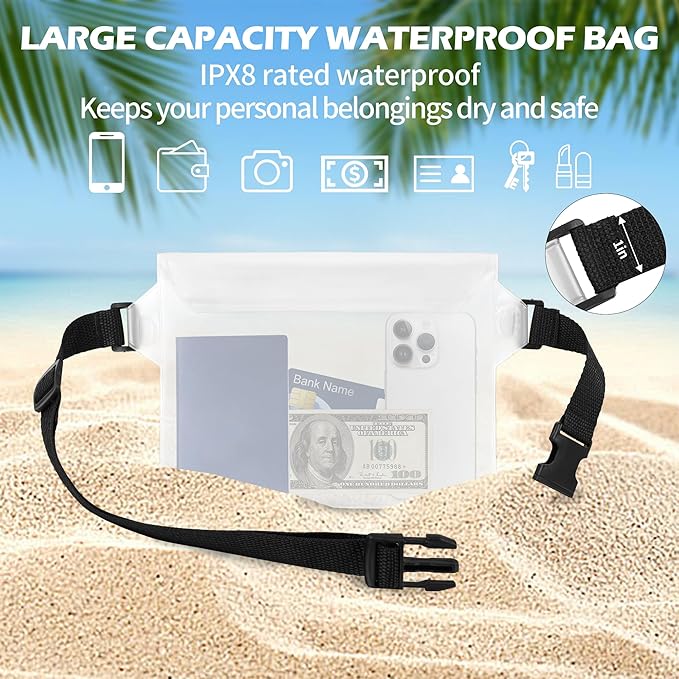 2-Pack Waterproof Pouch with Adjustable Waist Strap, Waterproof Dry Bag, Keeps Cell Phones and Valuables Safe and Dry, Perfect for Kayaking, Beach, Camping and Swimming (Black)