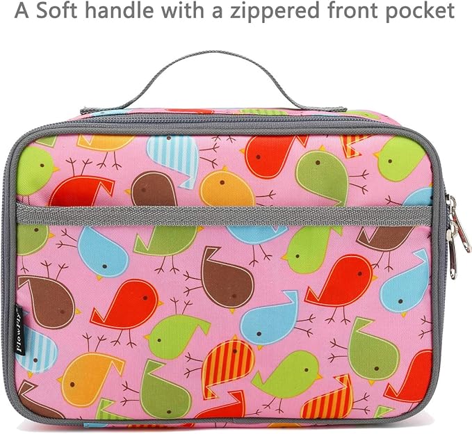 FlowFly Kids Lunch box Insulated Soft Bag Mini Cooler Back to School Thermal Meal Tote Kit for Girls, Boys, Bird