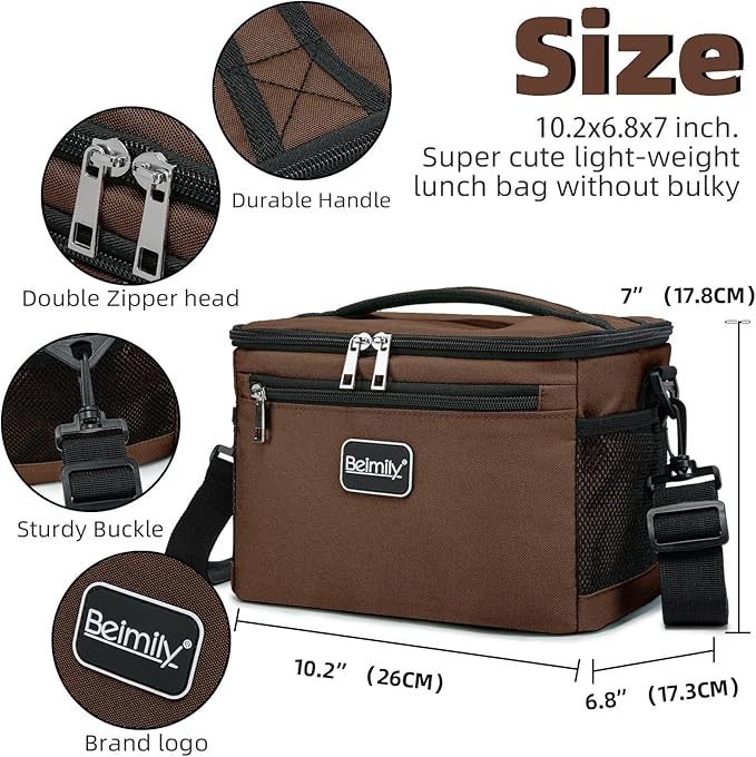 BEIMILY Lunch Bag for Women/Men,Reusable Lunch Box Small Cooler Bag Soft Sided,Leakproof Cooler Bag for Office Work Picnic Beach with Adjustable Shoulder Strap (coffee brown), 2311A
