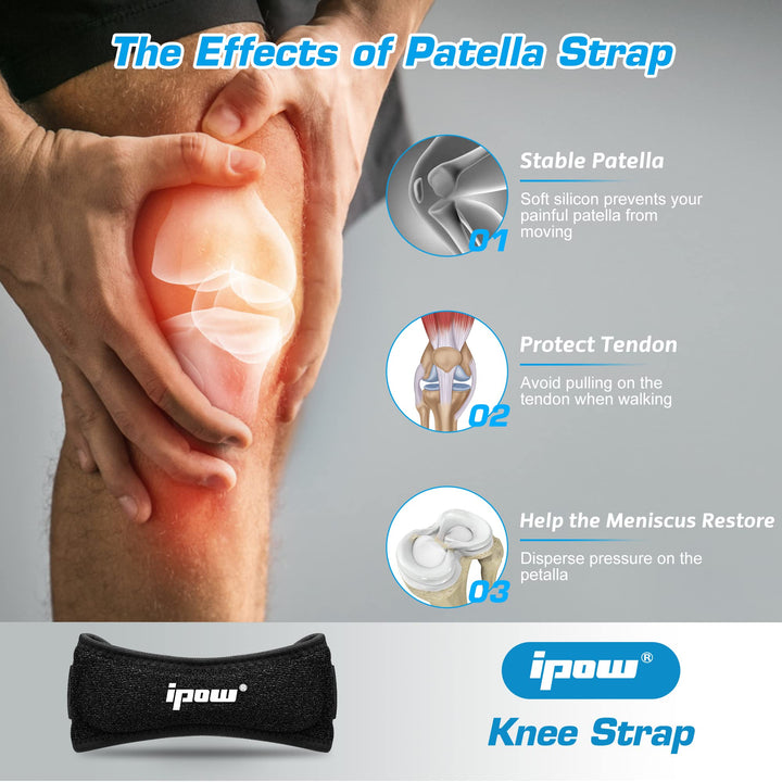 IPOW 2 Pack Knee Pain Relief & Patella Stabilizer Knee Strap Brace Support for Hiking, Soccer, Basketball, Running, Jumpers Knee, Tennis, Tendonitis, Volleyball & Squats, Black
