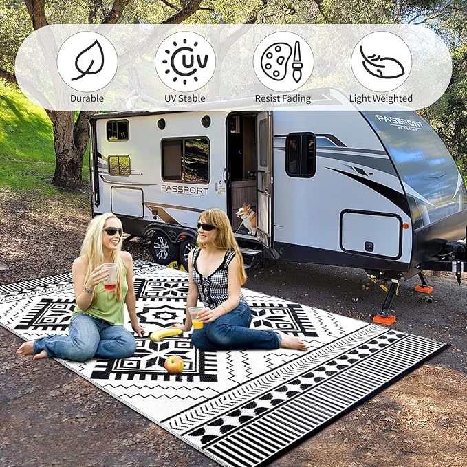 Waterproof Outdoor Rug 9x12ft, Boho Reversible Plastic Straw Mat for Patio RV Deck Porch Backyard Balcony Camping Picnic Beach Indoor Outdoor Carpet, Black&White