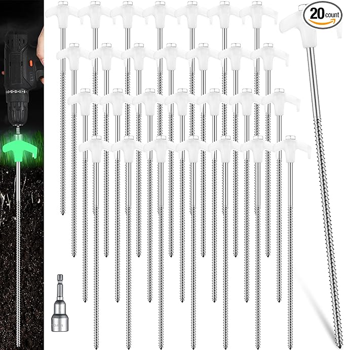 Hicarer 12 Inch Tent Stakes Screw in Camping Stakes Heavy Duty Metal Stake Ground Anchor Peg Threaded Tent Spikes with Hex Head Driver for Camping Garden Inflatable