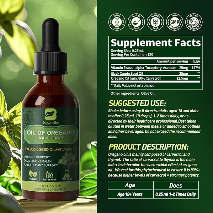 Oregano Oil Drops, Oil of Oregano with Black Seed Oil, Vitamin E, Oregano Supplement Herbal Blend for Immune & Antioxidant Support, Digestive, Overall Health | Vegan, Sugar-Free, Non-GMO, 1 Fl Oz