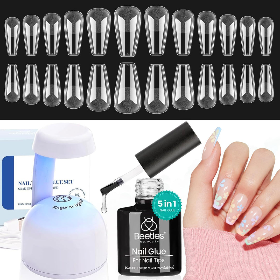 Beetles Gel Nail Kit Easy Nail Extension Set With Etch X Nail Tips 504Pcs Half Matte Medium Coffin Shaped Tips 5 In 1 Nail Glue