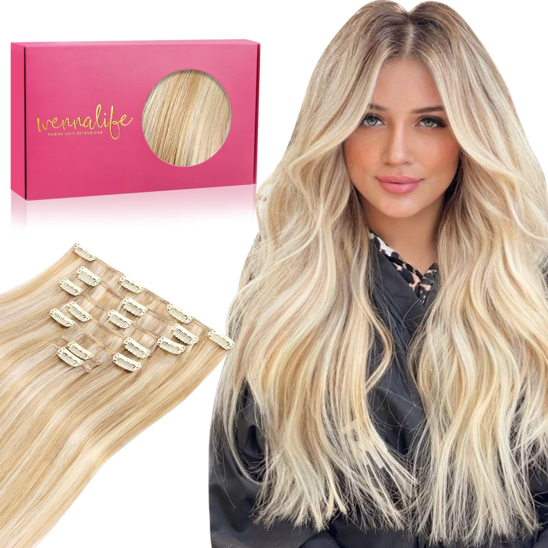 Wennalife Clip In Hair Extensions Human Hair 16 Inch 120G 7Pcs Dirty Blonde Highlighted Bleach Blonde Hair Extensions Clip In Fo