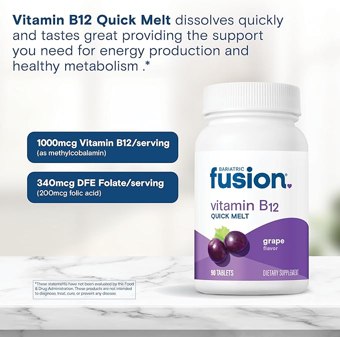 Bariatric Fusion Vitamin B12 Sublingual 1000 mcg Melts | Grape Flavored | Vitamin B12 Dissolve Under Tongue Tablets with Folic Acid | Sugar Free | Methylcobalamin | 90 Count