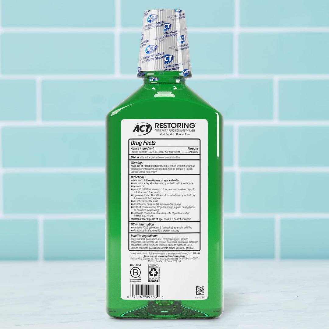 ACT Restoring Zero Alcohol Fluoride Mouthwash 33.8 fl. oz. Strengthens Tooth Enamel, Mint Burst