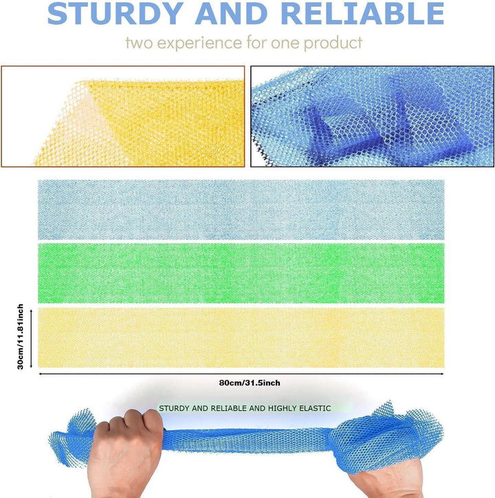 3-Piece African Net Bath Sponge Set | Exfoliating Shower Scrubber | Black, Blue, Brown