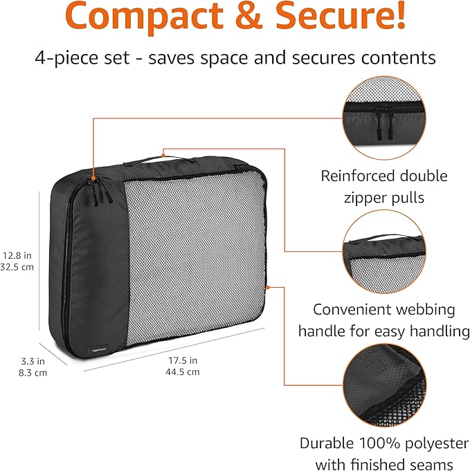 Amazon Basics Large Packing Cubes for Travel, Packing Organizers, 4-Piece-Set With Double Zipper Pulls and Mesh Top Panel, 100% Durable Polyester, Black, 17.5"L x 12.8"W x 3.3"H