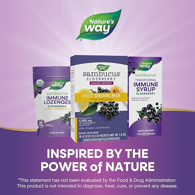 Nature's Way Sambucus Elderberry Hot Drink Mix with Vitamin C and Echinacea, Immune Support*, Honey Lemon-Berry Flavored, 10 Packets