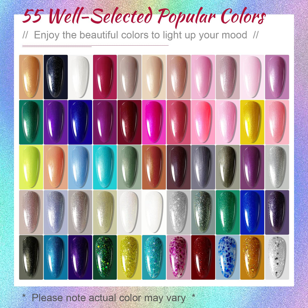 60 PCS Gel Nail Polish Kit | UV Light | 55 Beautiful Colors for Home & Salon