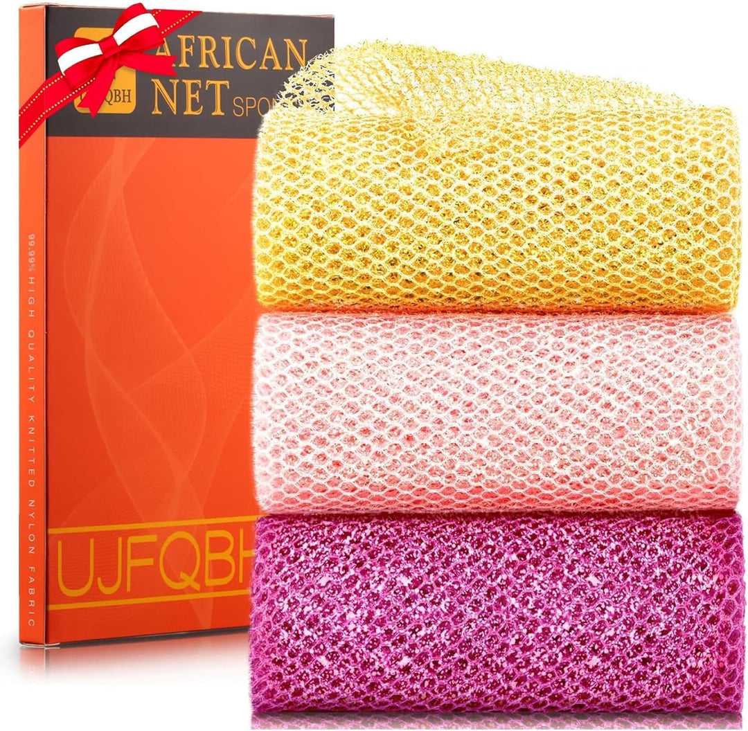 3-Piece African Net Bath Sponge Set | Exfoliating Body Scrubber | Black, Blue, Brown