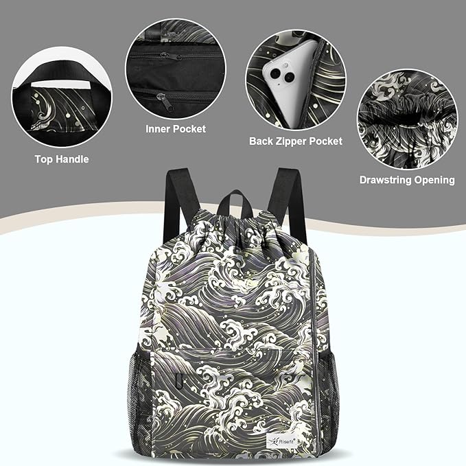 Drawstring Backpack with Mesh Pockets String Gym Bag Sackpack Sandproof Water Resistant Beach Backpack for Men Women
