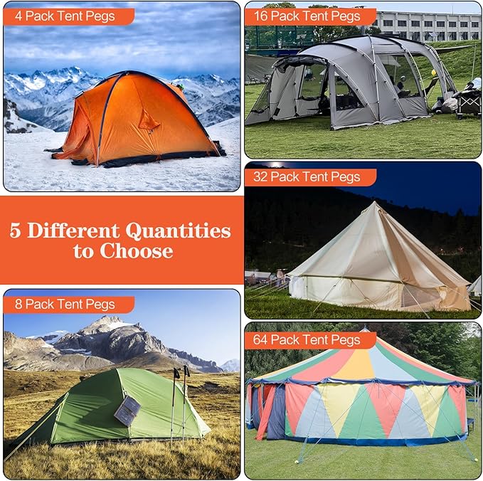 Tent Pegs, 64 Pack Aluminum Tent Stakes Pegs with Hook, 7" Hexagon Rod Lightweight Canopy Stakes Pegs for Camping, Canopy, Outdoor Decoration(7", 64 Pack)