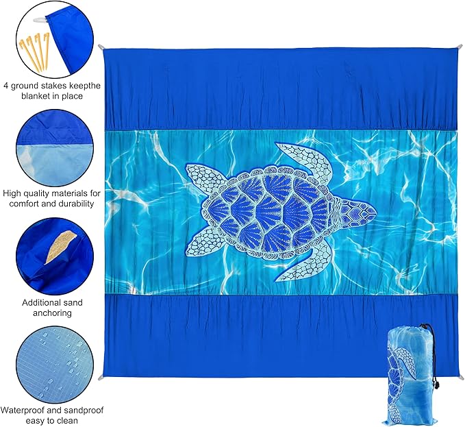 Sea Turtle Beach Blanket Waterproof Sandproof, 79x79Inch Sand Free Beach Mat, Quick Drying, Light Weight and Portable Outdoor Picnic Mat for Travel, Camping