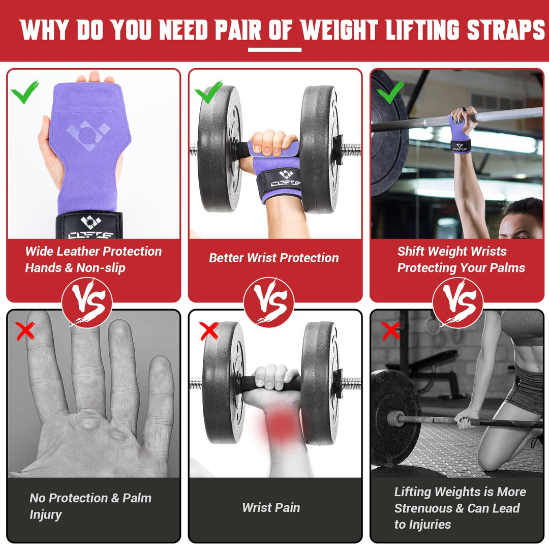 COFOF Weight Lifting Wrist Strap,Double Layer Leather Weightlifting Wrist Strap for Deadlift and Powerlifting, Adjustable Neoprene Padded Gym Workout Lifting Wrist Hooks for Men/Women(Pair)