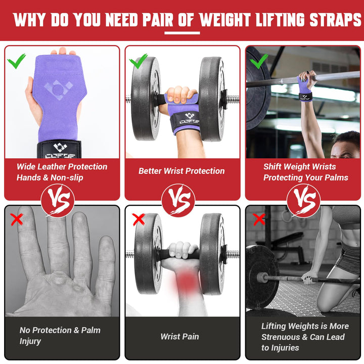 COFOF Weight Lifting Wrist Strap,Double Layer Leather Weightlifting Wrist Strap for Deadlift and Powerlifting, Adjustable Neoprene Padded Gym Workout Lifting Wrist Hooks for Men/Women(Pair)