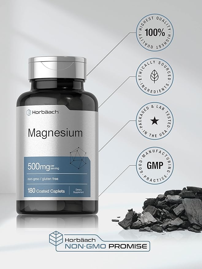 Horbäach Magnesium 500mg | 180 Caplets | Vegetarian, Non-GMO, and Gluten Free Supplement