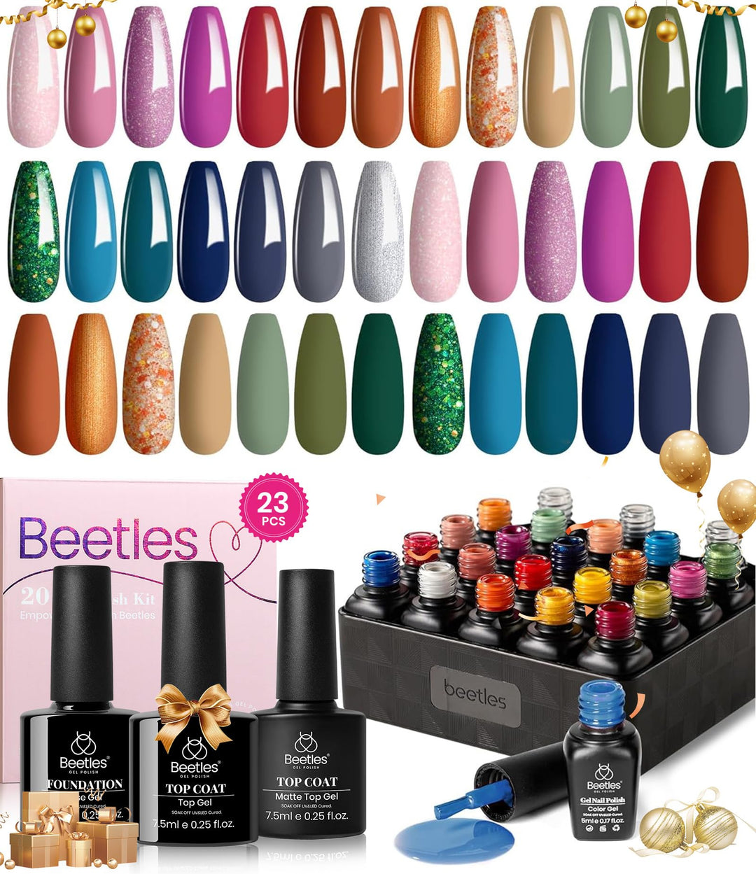 Beetles Gel Nail Polish Set, 23 Pcs 20 Colors Gel Nail Polish Kit Green Red Blue Glitter Gold Brown Pink Base And Glossy Matte T