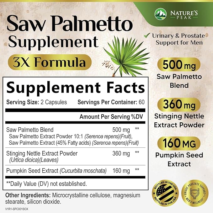 Saw Palmetto for Men Prostate Supplement - Potent 3X Formula with Stinging Nettle + Pumpkin Seed Extract for Men's Health, Herbal Prostate Supplement for Urinary Support, Bottled in USA, 120 Capsules