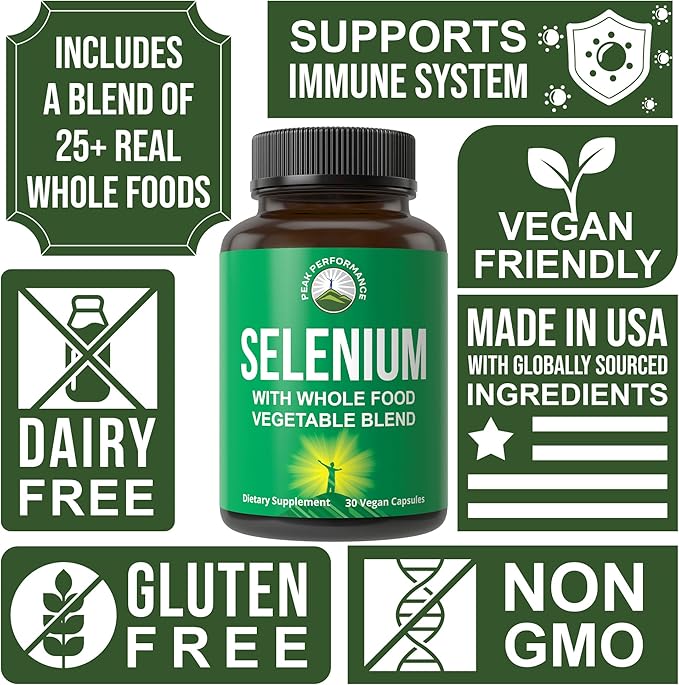 Selenium Supplement with Whole Food Blend of 25+ Vegetables and Fruits for Max Absorption. Pure Selenium Vegan Capsules for Immune System, Thyroid Support, Heart Health, Prostate Support. 30 Pills