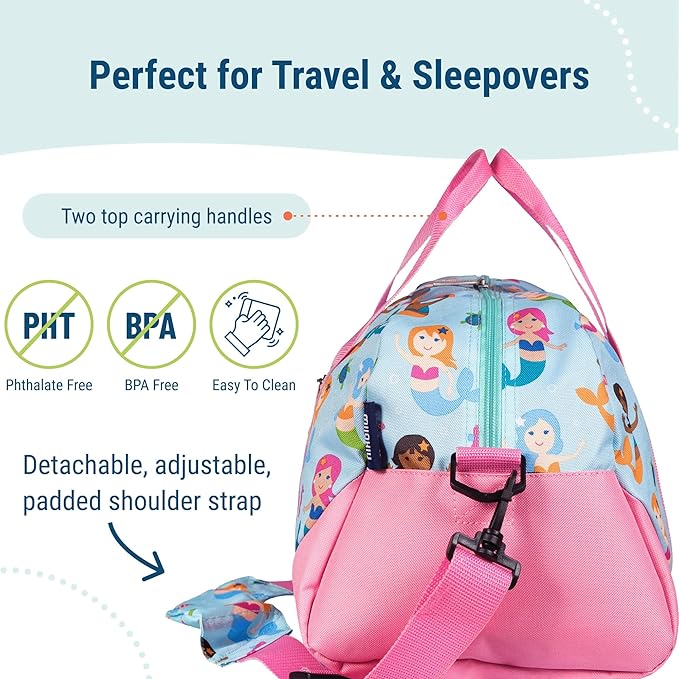 Wildkin Kids Overnighter Duffel Bag – Carry-On Size, Ideal for School & Sleepovers – Mermaids