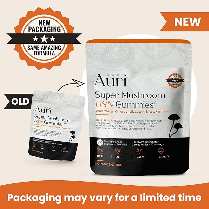 Auri Super Mushroom HSN Gummies - Hair Skin and Nails Gummies Functional Mushrooms Supplement - with Wild Chaga, Chlorophyll, Lutein and Astaxanthin - 60 Orange Citrus Gummies