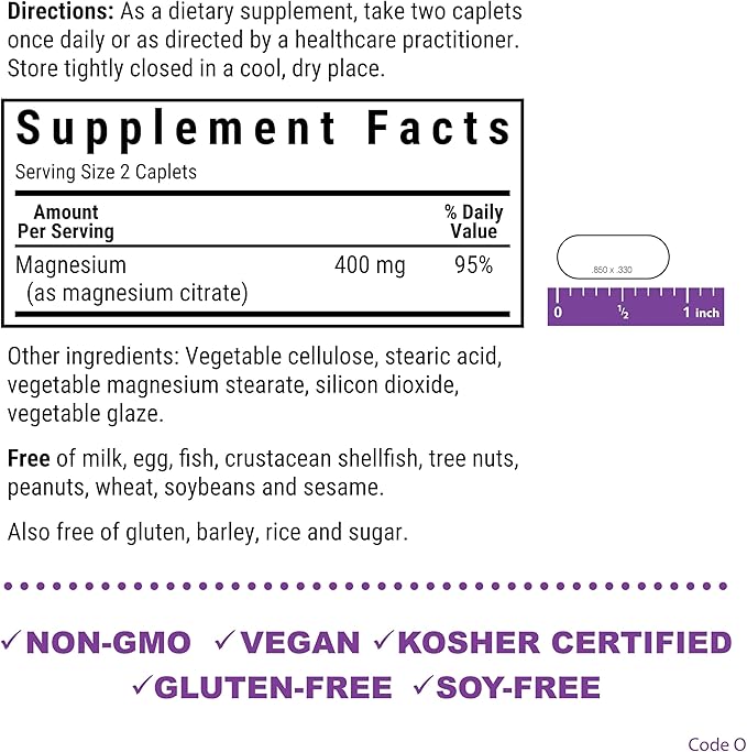 Bluebonnet Nutrition Magnesium Citrate, 400mg of Magnesium, Maximum Absorption, Supports Immune Health & Energy Production*, Soyfree, Gluten-Free, Non-GMO, Kosher, Dairy Free, Vegan, 120 Caplets