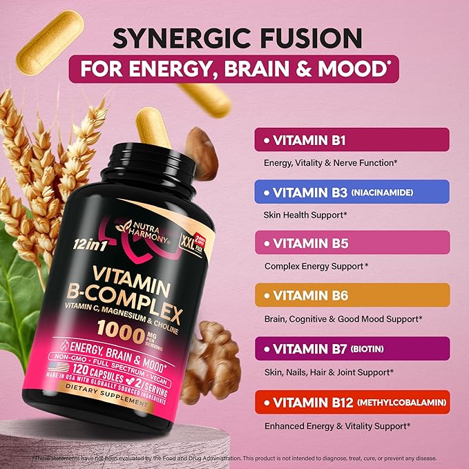 Vitamin B Complex for Men & Women - Made in USA - B-Complex: B1, B2, B3, B5, B6, B7, B8, B9, B12 with Vitamin C, Choline, Inositol - Energy, Brain & Heart Support Supplement, 120 Vegan Capsules