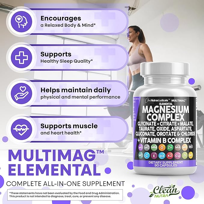 Clean Nutraceuticals Magnesium Complex with Magnesium Glycinate Citrate Malate Oxide Taurate Aspartate Orotate & Mag Chloride, Zinc Copper Manganese & Vitamin C B1 B2 B6 B12 Complex - 1Pack