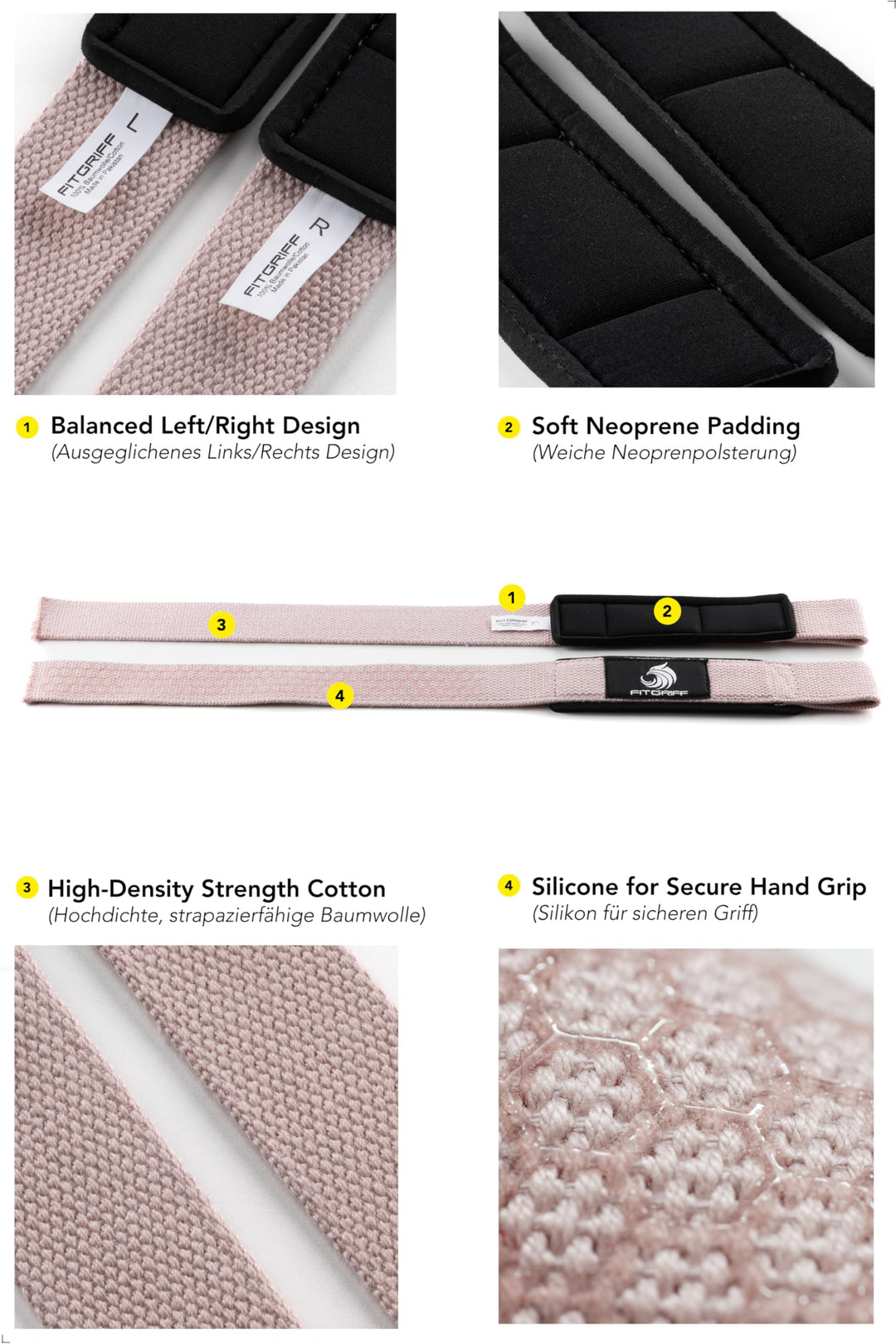 Fitgriff® Lifting Wrist Straps for Weightlifting, Gym, Deadlift, Workout (Made of Premium Cotton & Padded) - Men & Women (XS, Blush Pink (Silicone-Grip))