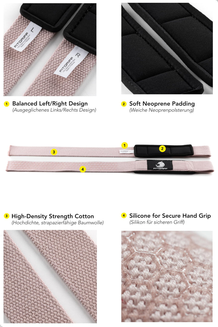 Fitgriff® Lifting Wrist Straps for Weightlifting, Gym, Deadlift, Workout (Made of Premium Cotton & Padded) - Men & Women (XS, Blush Pink (Silicone-Grip))
