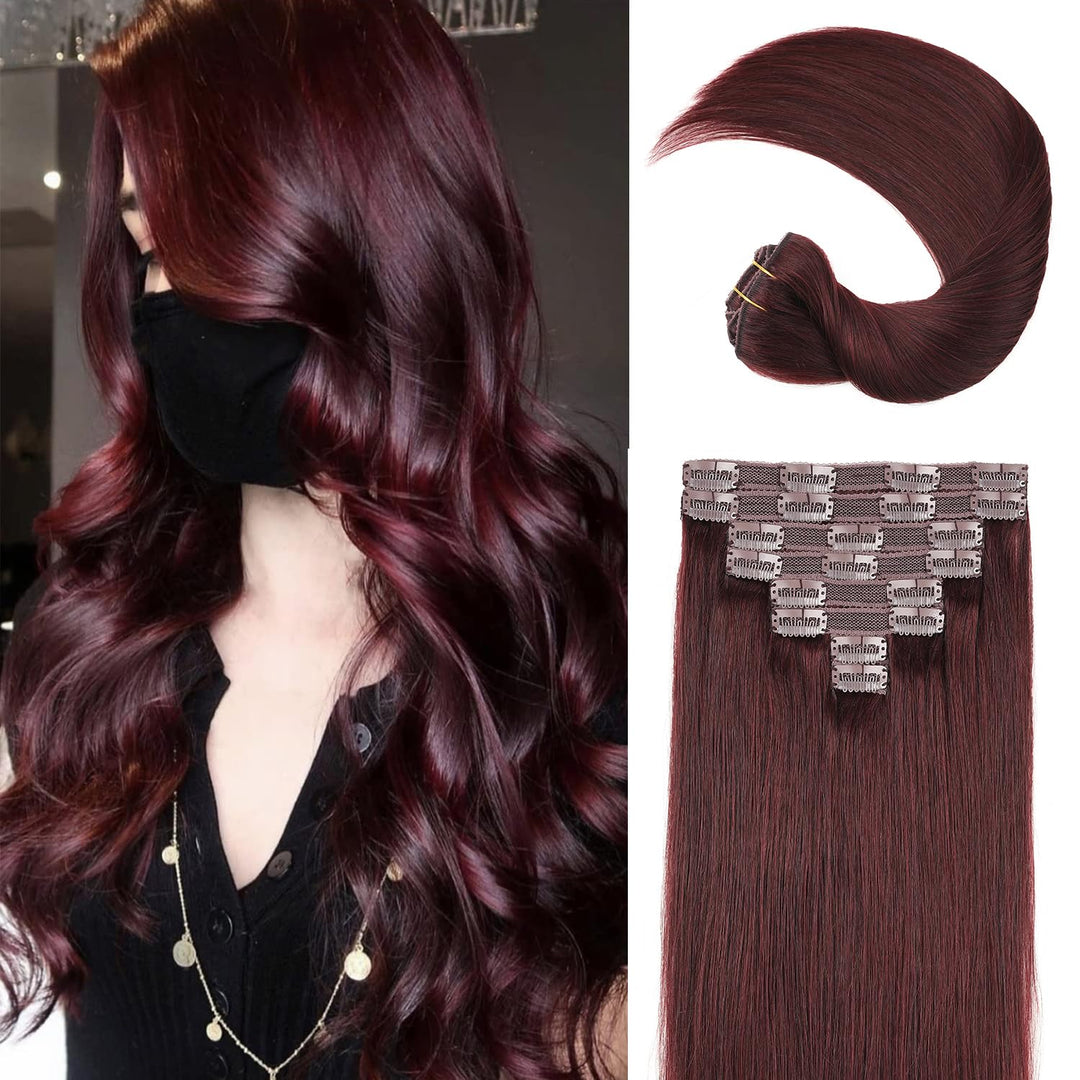 Clip in Hair Extensions Human Hair, Double Weft 120g 8pcs Burgundy Red Clip in Real Human Hair Extensions for Women Long 20Inches Thick Clip Ins #99J Wine Red Human Hair Extensions