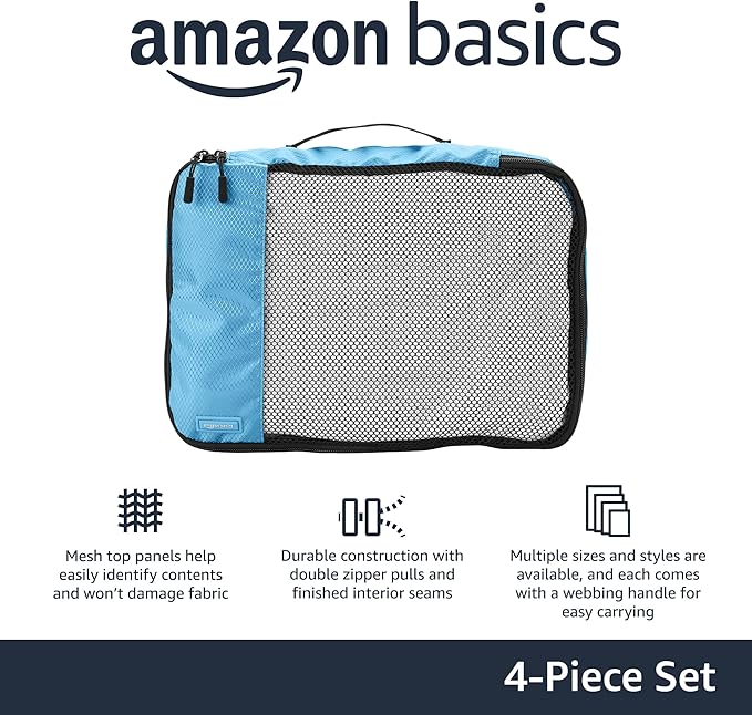 Amazon Basics Medium Packing Cubes for Travel, Packing Organizers, 4-Piece-Set With Double Zipper Pulls and Mesh Top Panel, 100% Durable Polyester, Sky Blue, 13.8"L x 9.8"W x 3"H