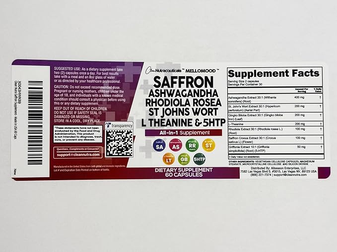 Clean Nutraceuticals Saffron Supplements with Ashwagandha - Mood Support with L-Theanine, Ginkgo Biloba, St. John's Wort, Rhodiola Rosea & 5-HTP - Saffron Pills