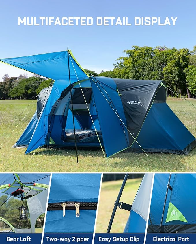 8 Person Larger Extended Dome Camping Tent with 3 Rooms, Waterproof Semi-Freestanding Family Outdoor Tent with Spacious Interior and Mesh Windows